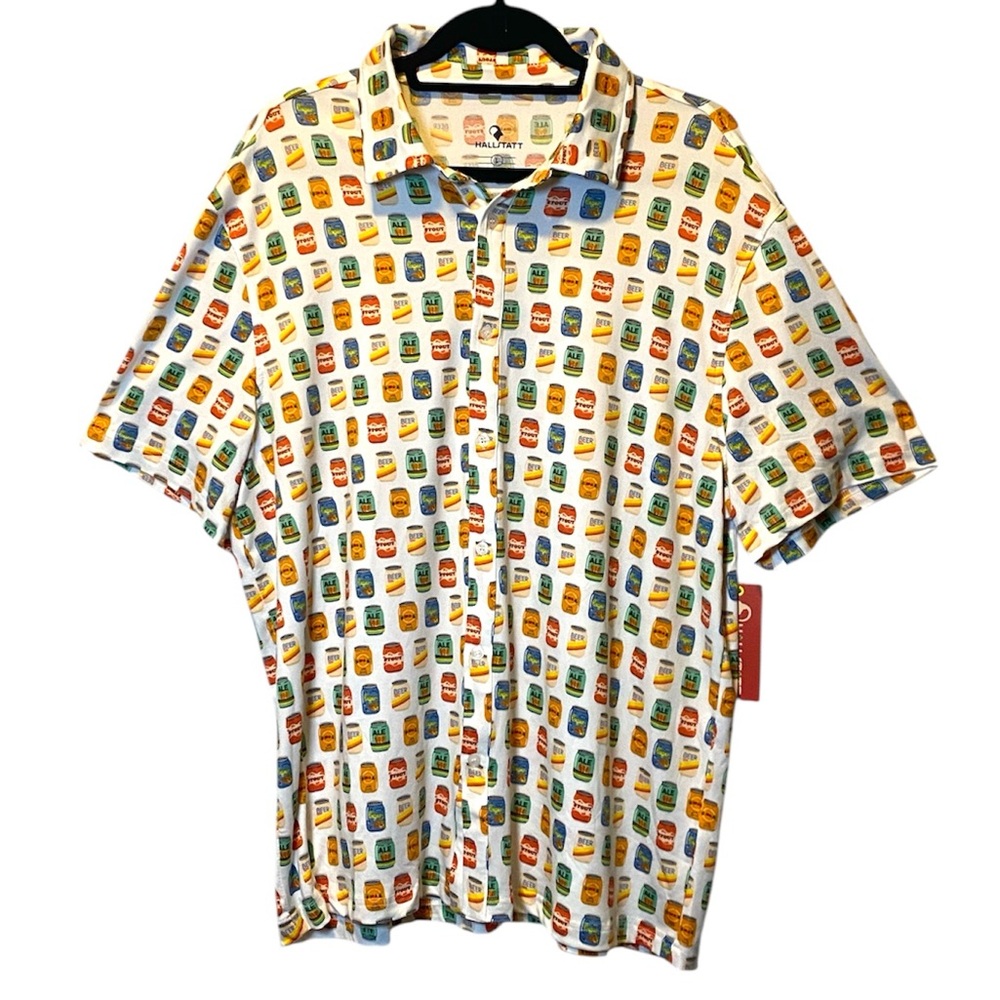 Hallstatt Button Up Shirt NWT Men’s Large Beer Can Print College Party Frat Top